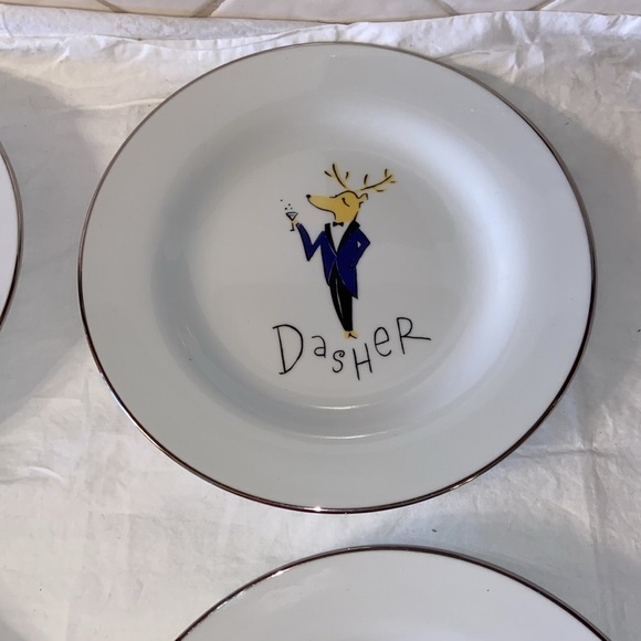 Pottery Barn Reindeer Dessert Plates set of 4 Dasher Dancer Prancer Vixen - Picture 4 of 8